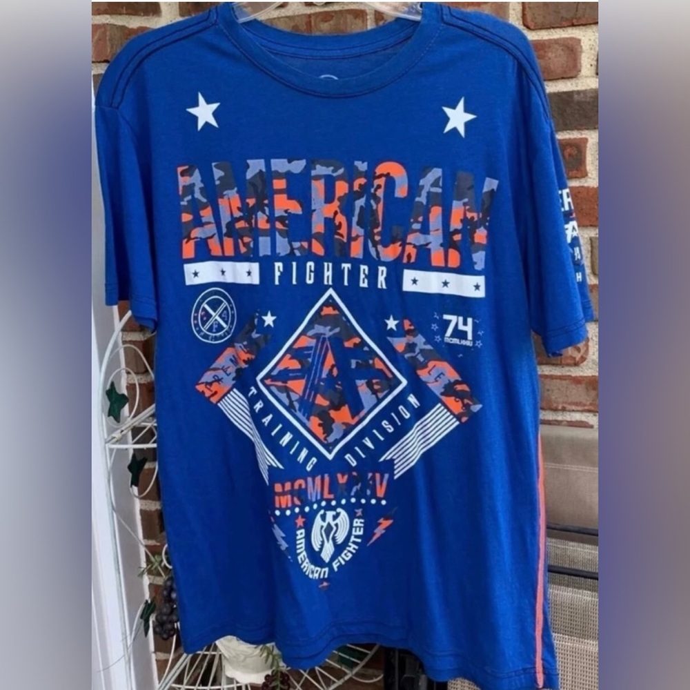 Men’s American Fighter Blue Tee with Orange and White Graphics